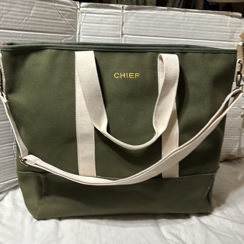 Crooked Monkey heavy coated canvas tote with top zipper and shoulder strap. NWOT